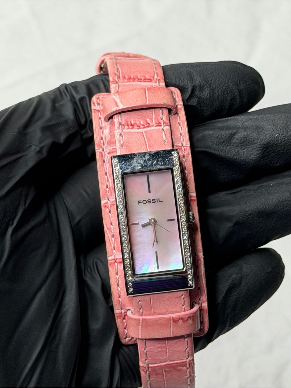 Fossil Watch Women’s F2 17mm Rectangle Pink Dial Leather Band